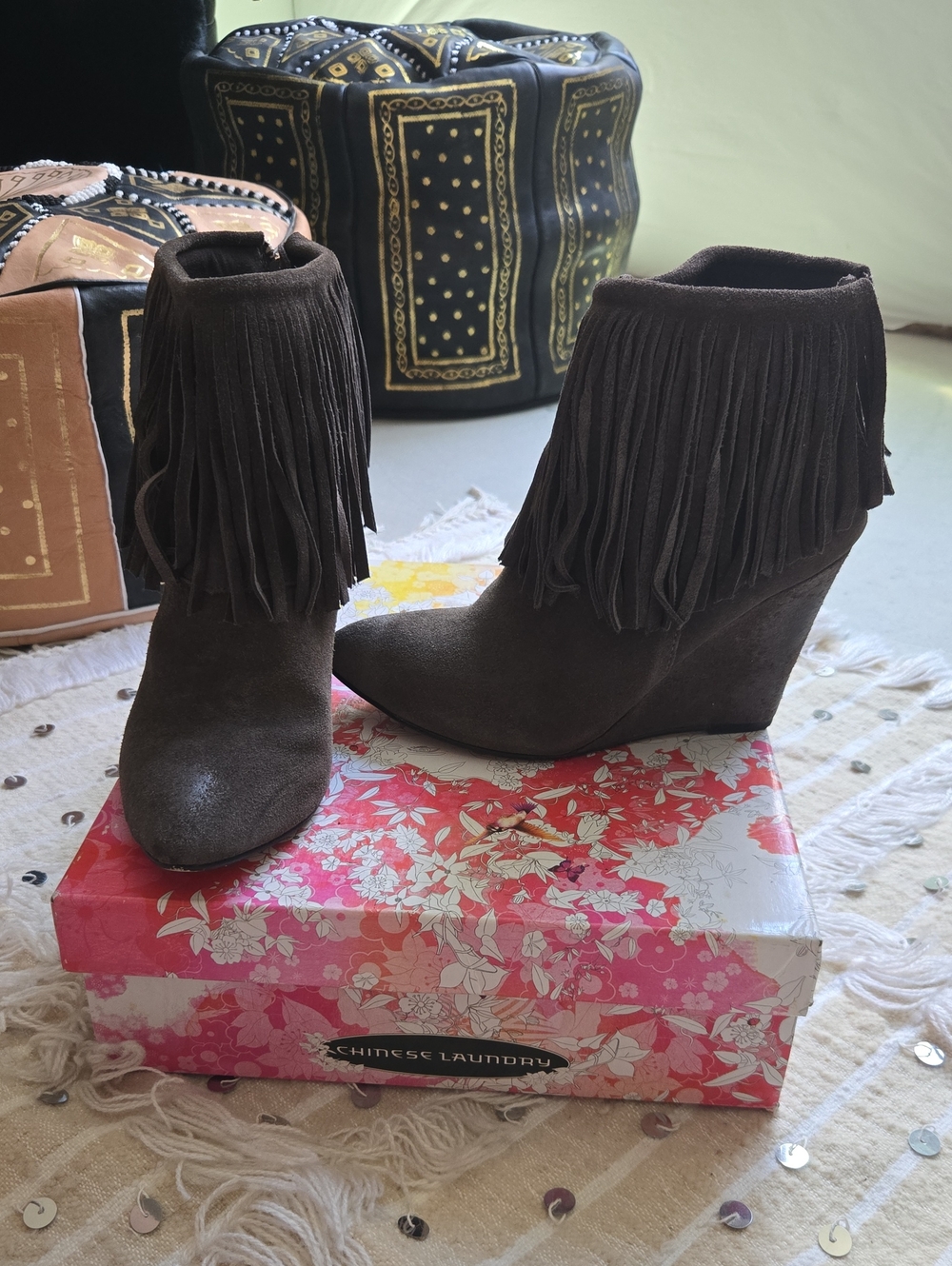 Chinese Laundry Dark Brown Suede Fringe Wedge Ankle Boots